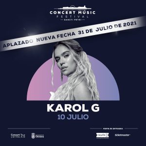 La gira de Karol G en España se pospone para el próximo año. La nueva fecha elegida para visitar Concert Music Festival es el 31 de julio de 2021.